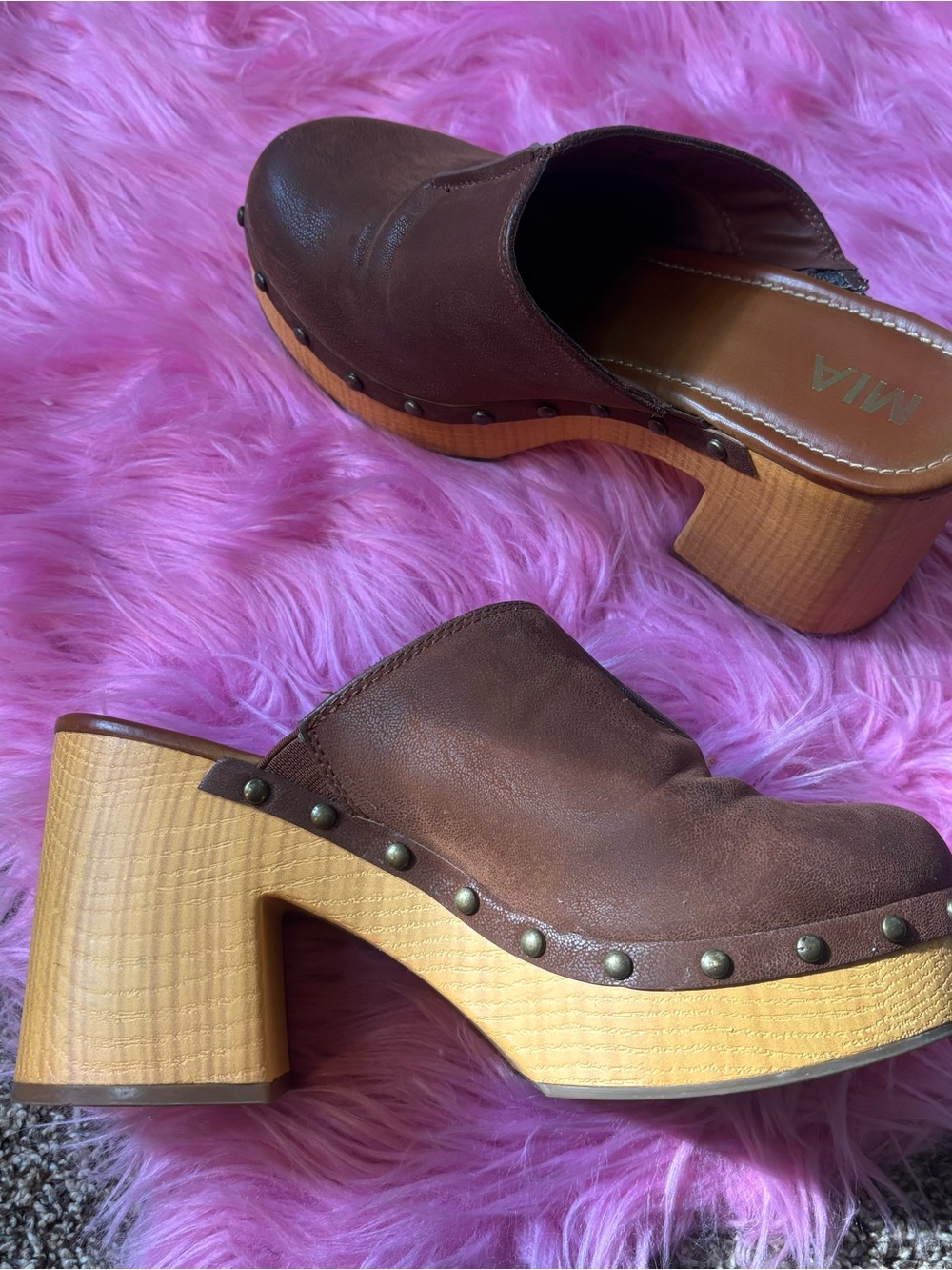 MIA Brown Platform Clog Mules Womens 8.5 Faux Leather Chunky Heel Boho